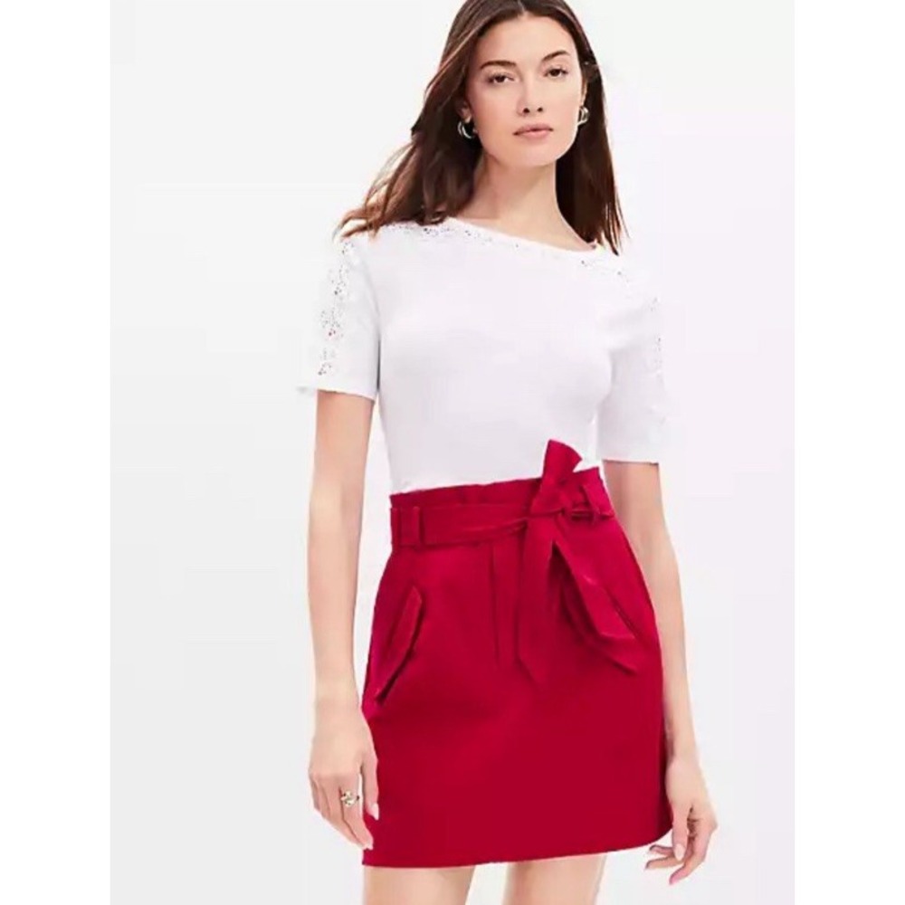 LOFT Mini Skirt Women 14P Red Paperbag Waist Tie Belt Pockets A-Line Career